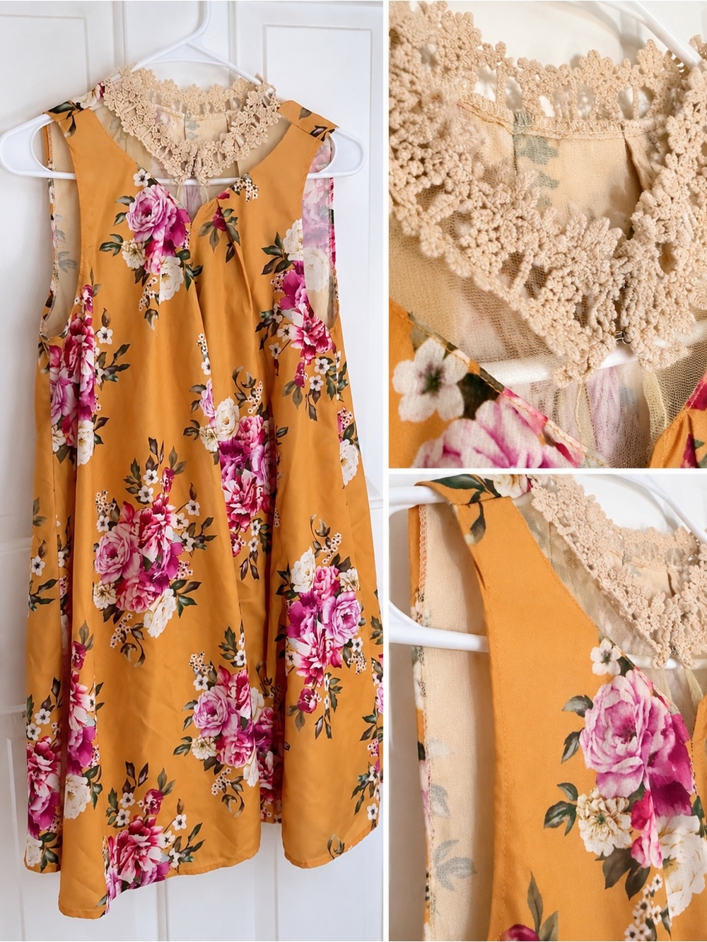 Mustard Floral Crochet Yoke Swing Dress